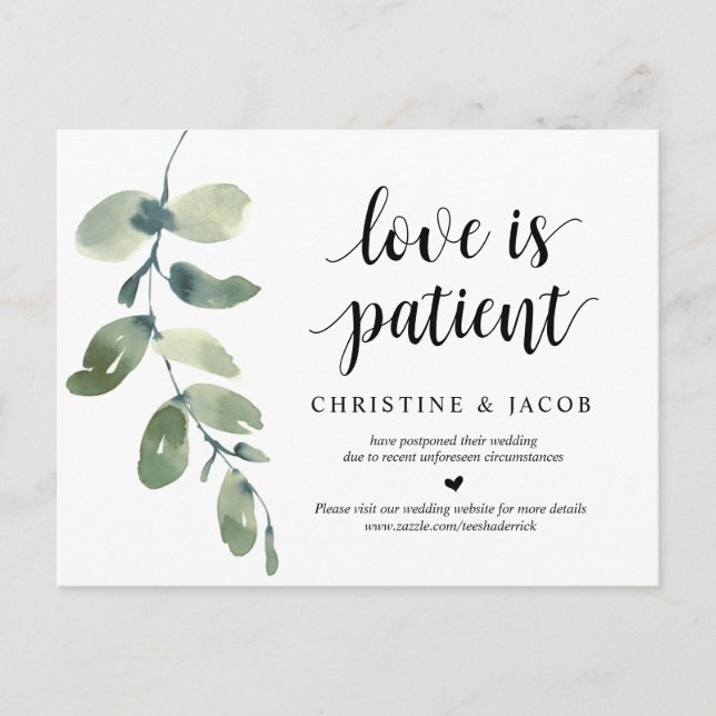 Greenery, Love is Patient, Wedding Postponed Postcard (Front)