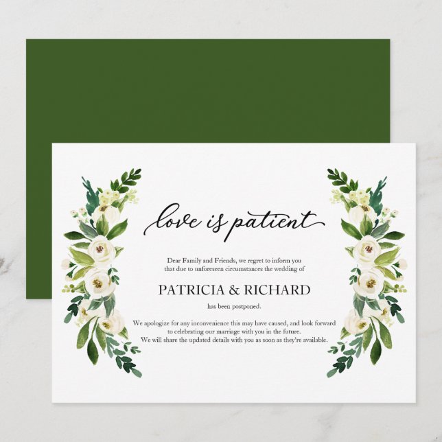 Greenery Love Is Patient Wedding Postponement Invitation (Front/Back)