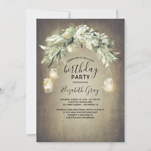 Greenery Mason Jar Lights Rustic Birthday Party Invitation (Front)