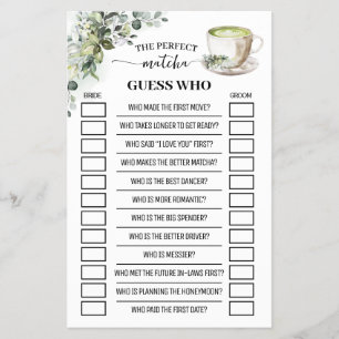 Greenery Matcha Guess Who Bridal Shower Game Card