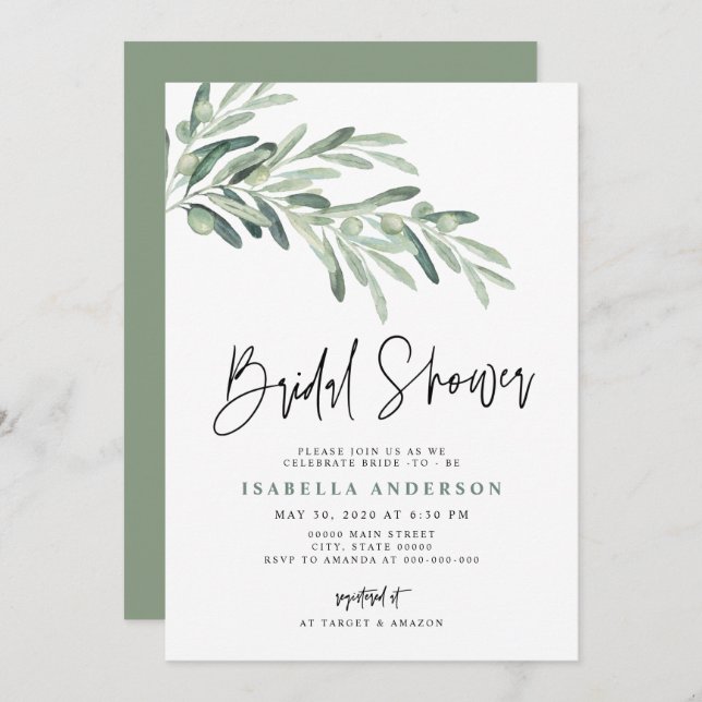 Greenery Mediterranean Olive Branch Bridal Shower Invitation (Front/Back)