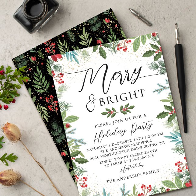 Greenery Merry & Bright Holly Berries Holiday Invitation (Creator Uploaded)