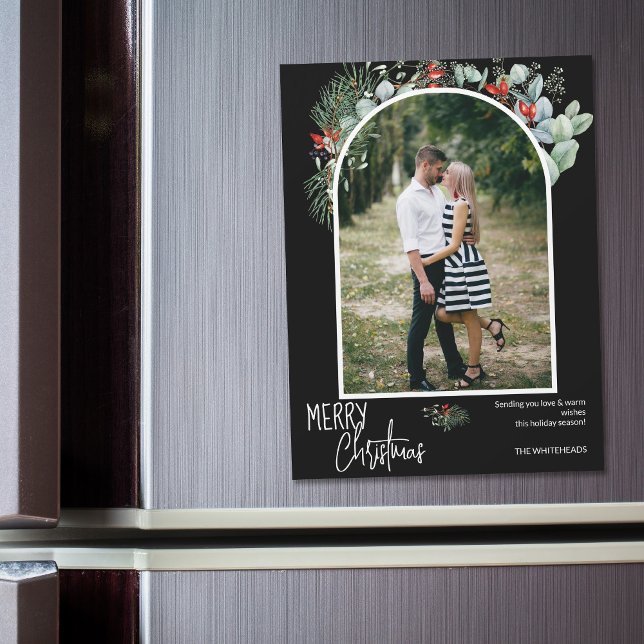 Greenery Merry Christmas Arch Photo Black (You will love these beautiful Christmas cards! They feature botanical watercolor pine and berries.)
