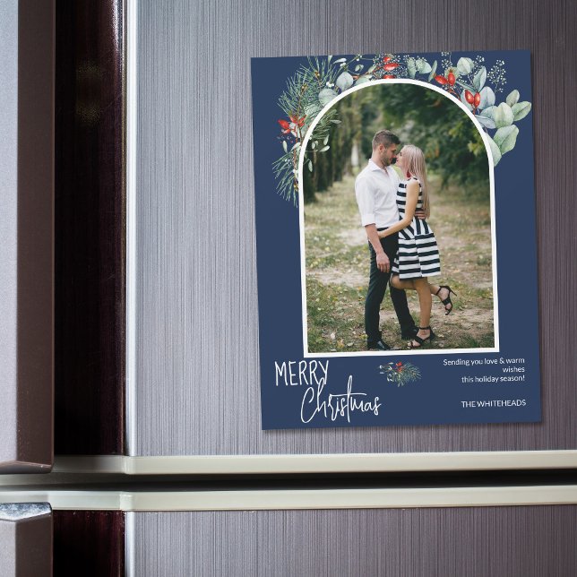 Greenery Merry Christmas Arch Photo Navy Blue (You will love these beautiful Christmas cards! They feature botanical watercolor pine and berries.)