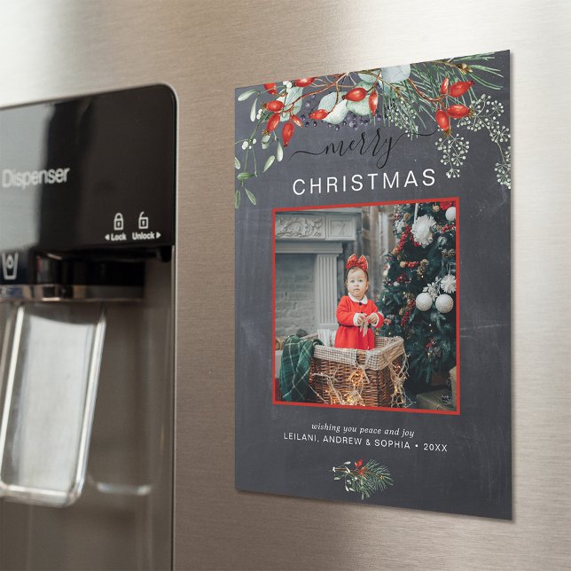 Greenery Merry Christmas Photo Chalkboard (You will love these beautiful Christmas cards! They feature botanical watercolor pine and berries.)