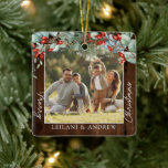 Greenery Merry Christmas Photo Dark Wood Ceramic Ornament<br><div class="desc">This rustic ornament is perfect for a family.</div>