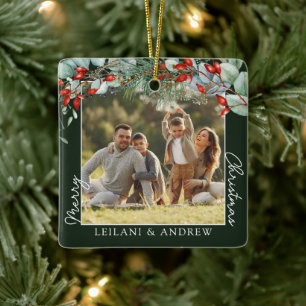 Greenery Merry Christmas Photo Forest Green Ceramic Ornament