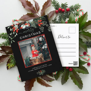Greenery Merry Christmas Photo Watercolor Black Holiday Postcard