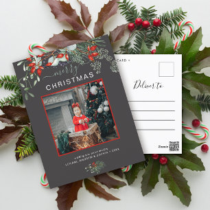 Greenery Merry Christmas Photo Watercolor Grey Holiday Postcard