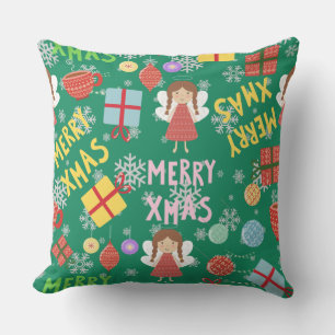 Greenery Merry Xmas text girly red yellow pattern  Cushion