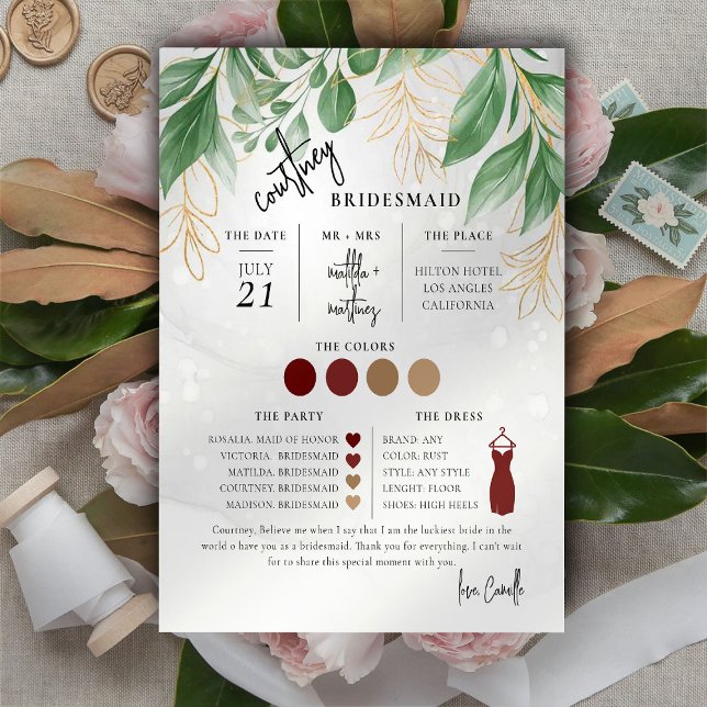 Greenery Minimal Text Script Bridesmaid info Card (Creator Uploaded)