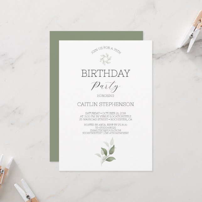  Greenery Modern 35th birthday party Invitation (Front/Back In Situ)