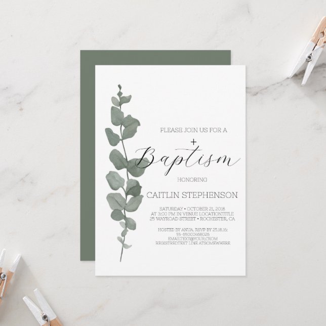  Greenery Modern Baptism Invitation (Front/Back In Situ)