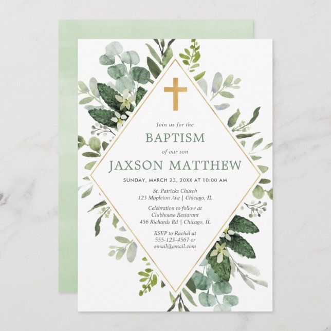 Greenery modern eucalyptus green gold baptism invitation (Front/Back)