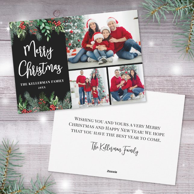 Greenery Modern Photo Collage Merry Christmas Holiday Card (Greenery Modern Photo Collage Merry Christmas Holiday Card)