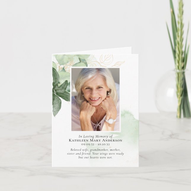 Greenery Modern Photo Funeral Sympathy Folded Thank You Card (Front)