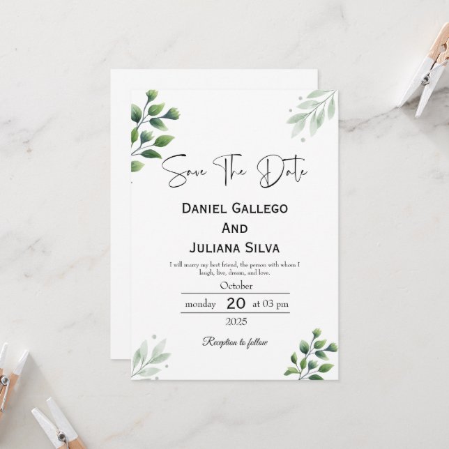 Greenery Modern Save The Date Invitation (Front/Back In Situ)