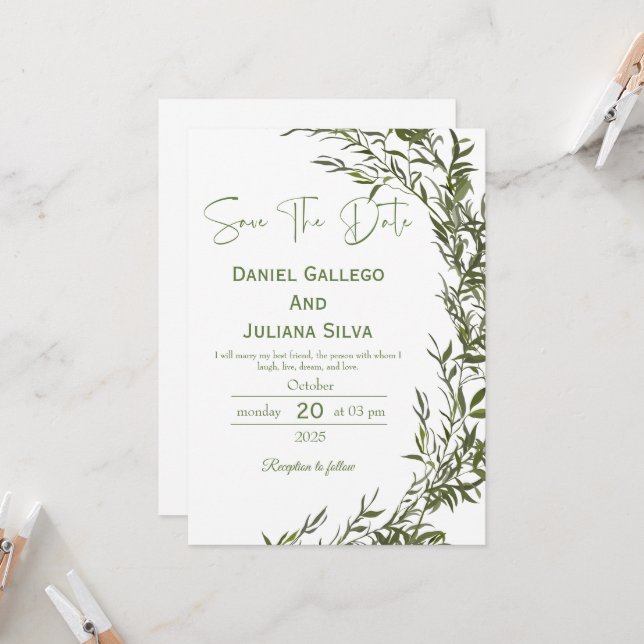 Greenery Modern Save The Date Invitation (Front/Back In Situ)