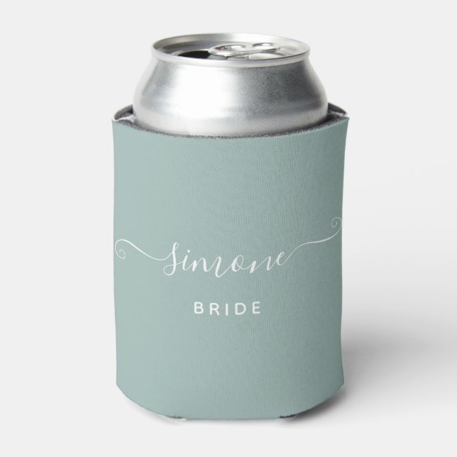 Greenery Modern Script Wedding Bride Dusty Green Can Cooler (Can Front)