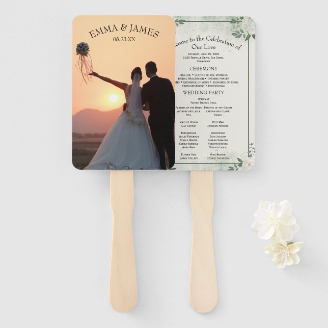 Greenery Modern Wedding Program Invitation Hand Fan (Front and Back)