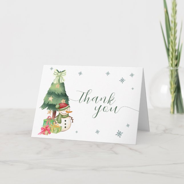 Greenery Modern Winter Snowman Baby Shower Thank You Card (Front)