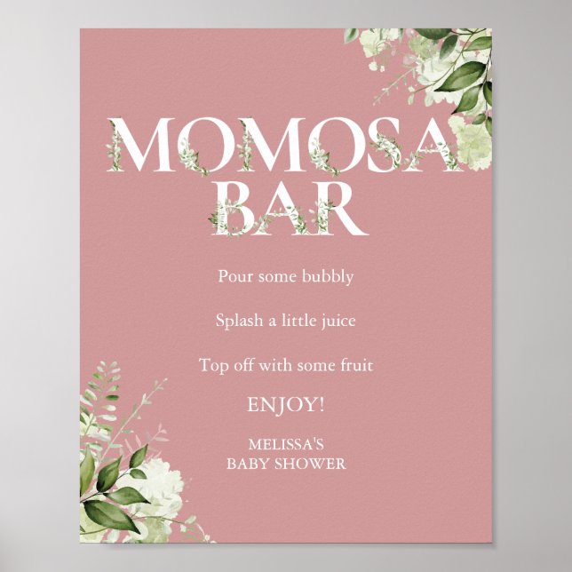 Greenery Momosa Bar Dusty Rose Pink Baby Shower Poster (Front)