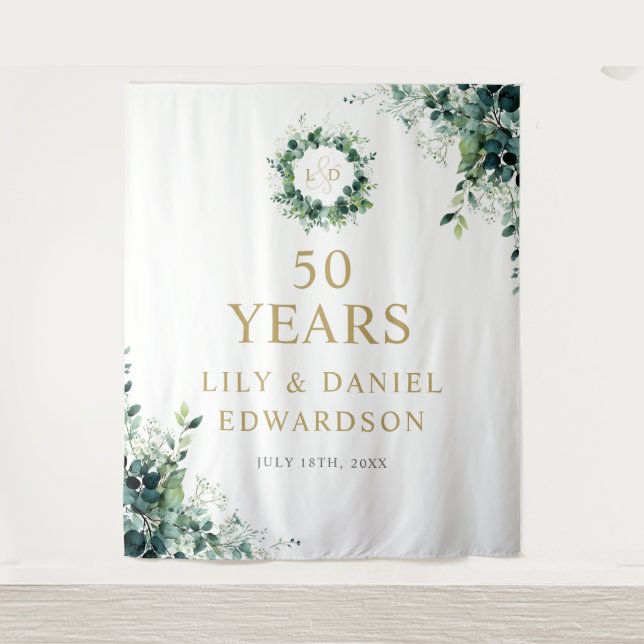 Greenery Monogram 50th Anniversary Photo Backdrop Tapestry (Front)
