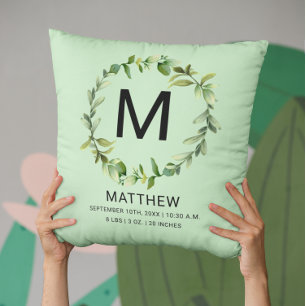 Greenery Monogram Birth Stats Newborn Baby Cushion
