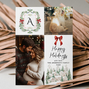 Greenery Monogram Crest Bow Happy Holidays 2 Photo Holiday Card