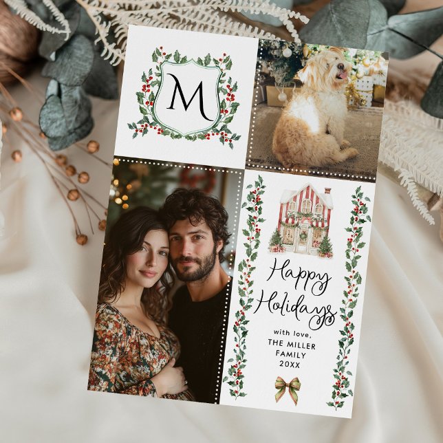 Greenery Monogram Crest Merry Christmas 2 Photo Holiday Card (Creator Uploaded)