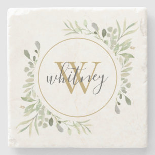 Greenery Monogram Elegant Script Stone Coaster
