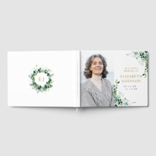 Greenery Monogram In Loving Memory Photo Funeral Guest Book