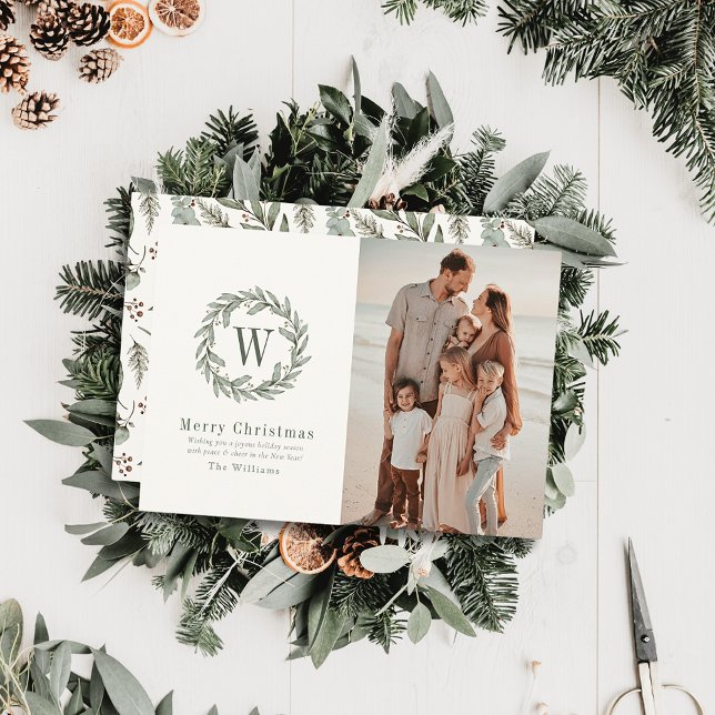 Greenery Monogram Sage Watercolor Christmas Photo Holiday Card (Creator Uploaded)
