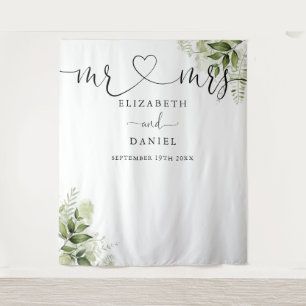 Greenery Mr Mrs Script Wedding Photo Backdrop Tapestry
