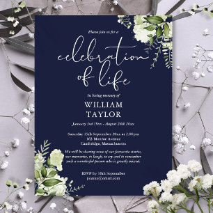 Greenery Navy Blue Celebration of Life Memorial Announcement Postcard