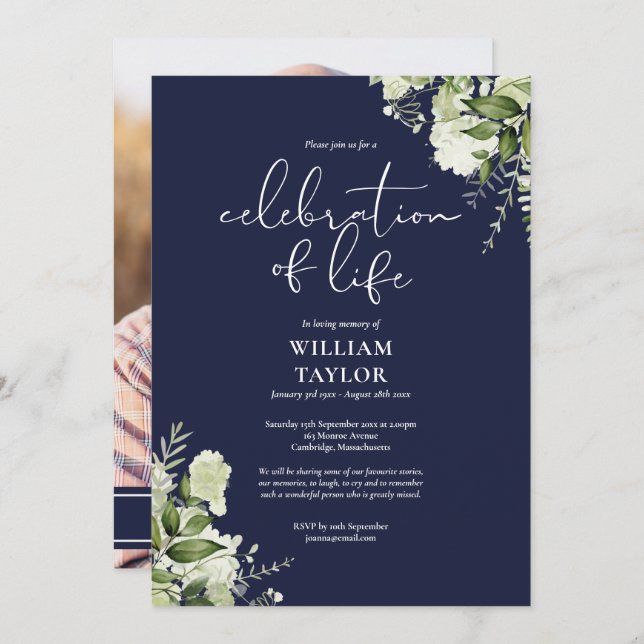 Greenery Navy Blue Celebration of Life Photo Invitation (Front/Back)