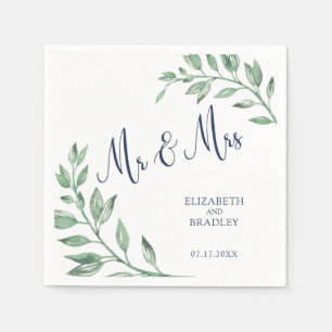 Greenery Navy Blue Script Mr and Mrs Wedding Napkin