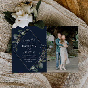 greenery navy blue wedding photo save the date