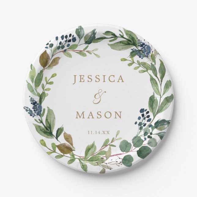 Greenery Navy Gold Paper Plates (Front)