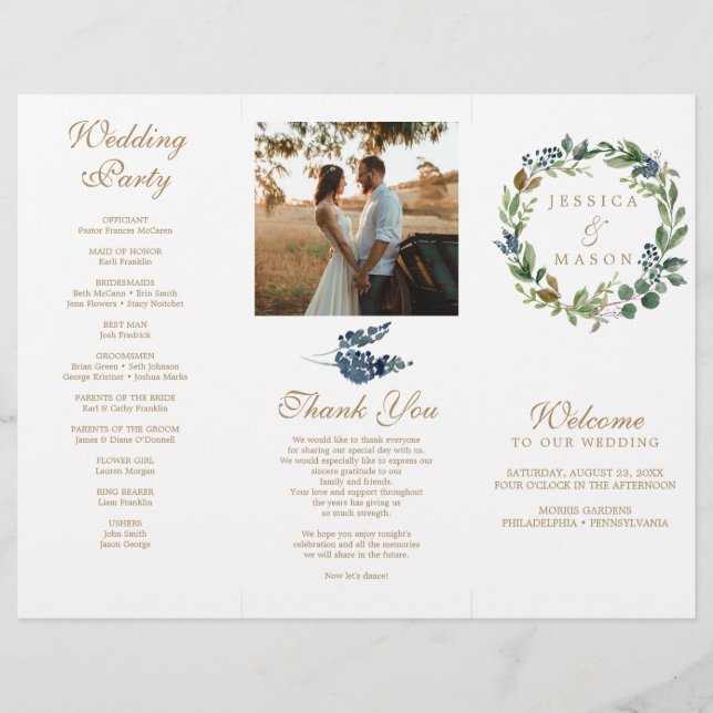 Greenery Navy Gold Tri-Fold Wedding Programs Flyer (Front)