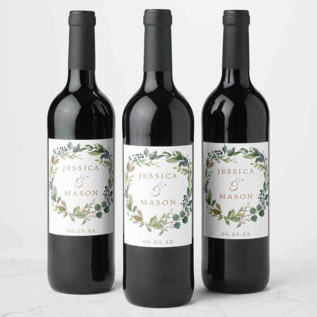 Greenery Navy Gold Wine Labels (Bottles)