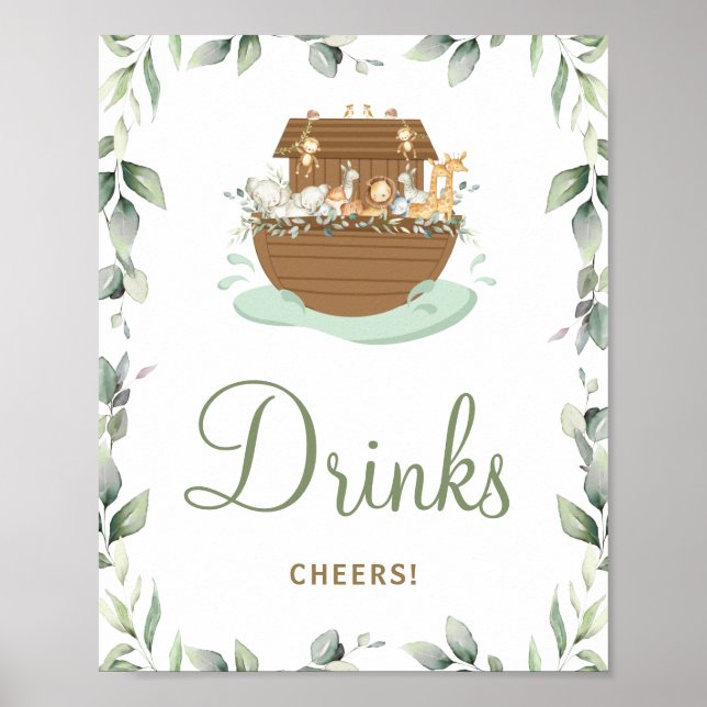 Greenery Noah's Ark Baby Shower Birthday Drinks Poster (Front)