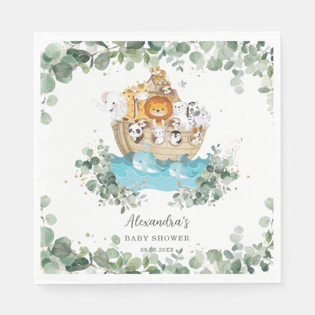 Greenery Noah's Ark Cute Animals Baby Birthday Napkin (Front)