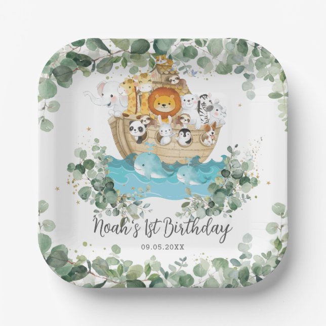 Greenery Noah's Ark Cute Animals Birthday Baptism Paper Plate (Front)