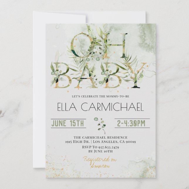 Greenery Oh Baby Shower Invitation (Front)