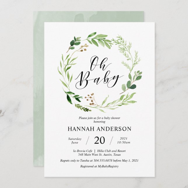 Greenery Oh Baby Shower Modern Script Invitation (Front/Back)
