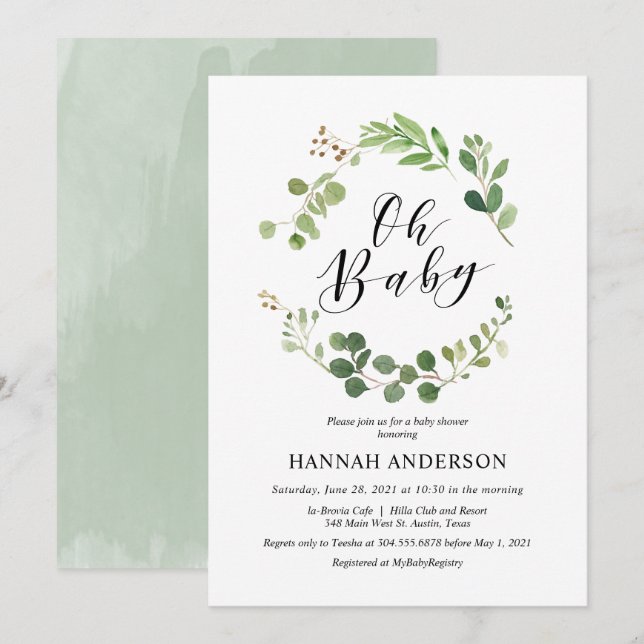 Greenery Oh Baby Shower Modern Script Invitation (Front/Back)