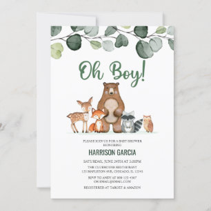 Greenery Oh Boy Woodland Animals Baby Shower Invitation