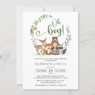 Greenery Oh Boy Woodland Animals Baby Shower Invitation