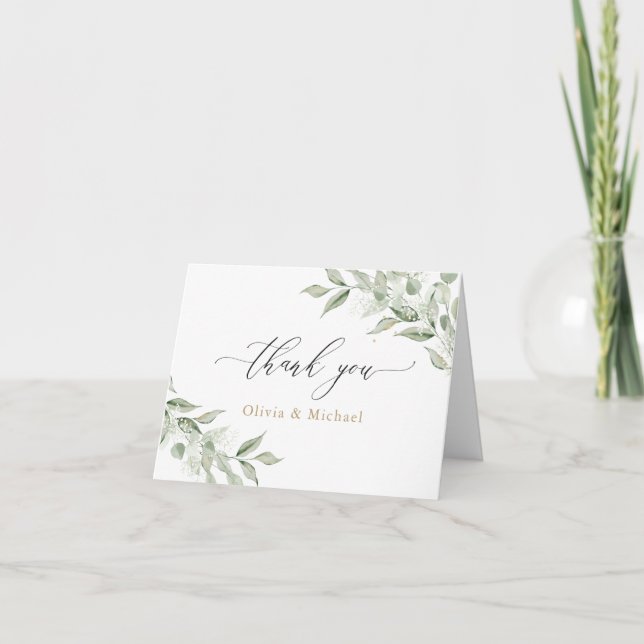 Greenery Olive Branch Baby's Breath Gold Wedding Thank You Card (Front)
